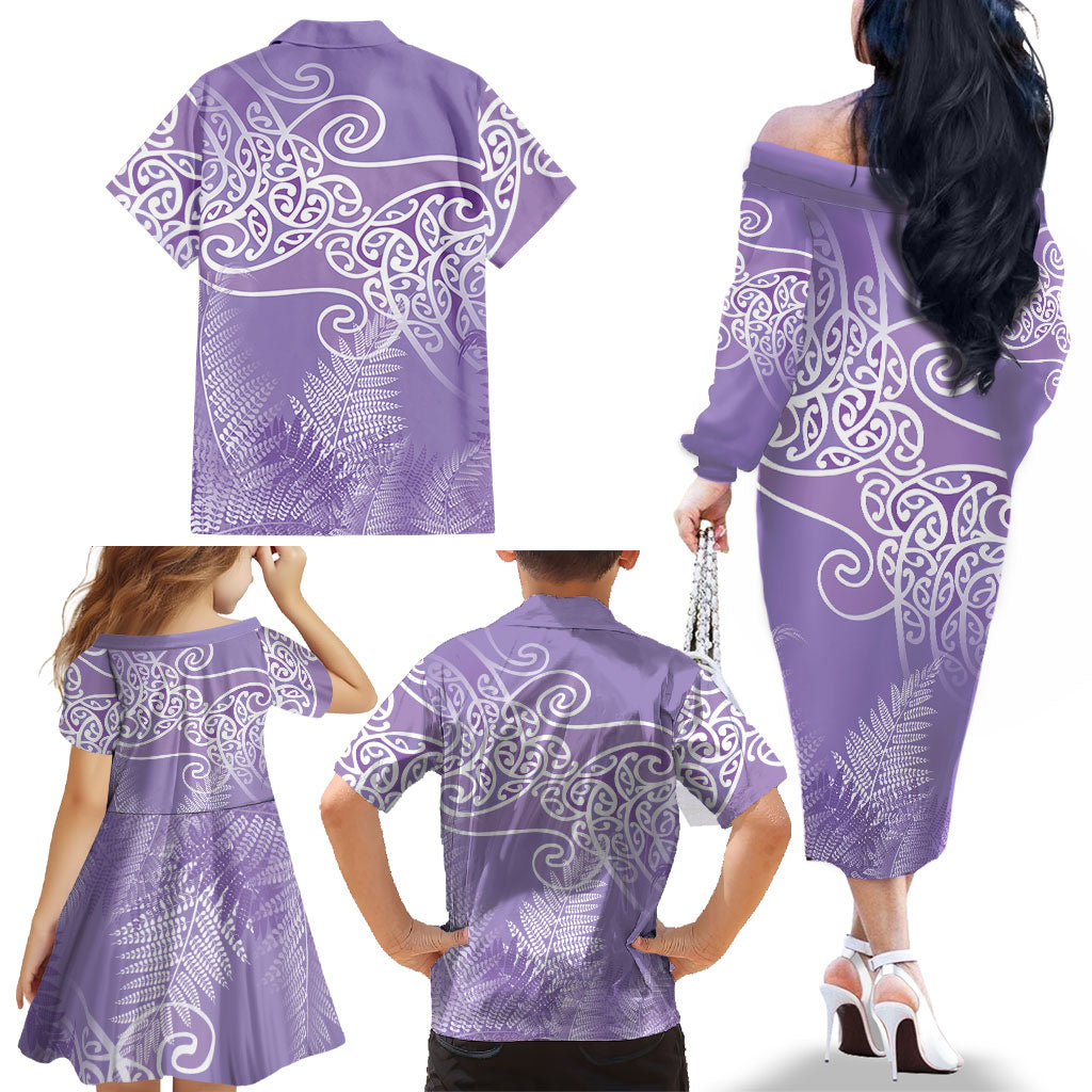 Aotearoa Maori Koru Curves Family Matching Off The Shoulder Long Sleeve Dress and Hawaiian Shirt Silver Ferns - Amethyst LT7 - Polynesian Pride