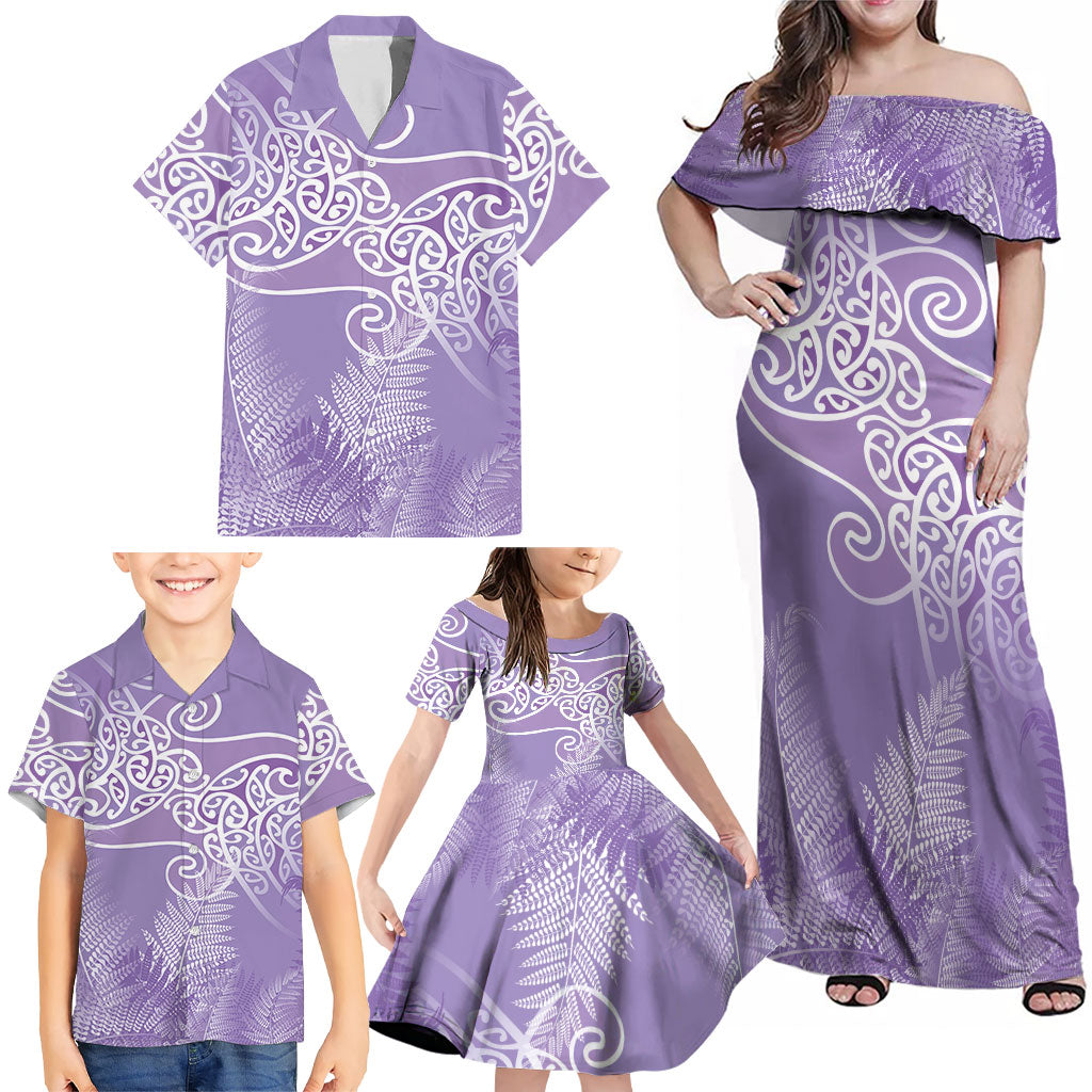 Aotearoa Maori Koru Curves Family Matching Off Shoulder Maxi Dress and Hawaiian Shirt Silver Ferns - Amethyst LT7 - Polynesian Pride