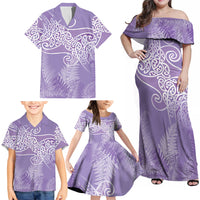 Aotearoa Maori Koru Curves Family Matching Off Shoulder Maxi Dress and Hawaiian Shirt Silver Ferns - Amethyst LT7 - Polynesian Pride