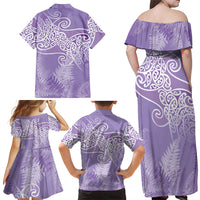 Aotearoa Maori Koru Curves Family Matching Off Shoulder Maxi Dress and Hawaiian Shirt Silver Ferns - Amethyst LT7 - Polynesian Pride