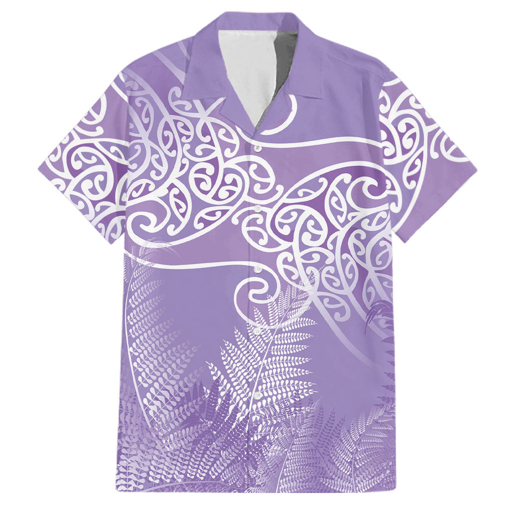 Aotearoa Maori Koru Curves Family Matching Off Shoulder Maxi Dress and Hawaiian Shirt Silver Ferns - Amethyst LT7 Dad's Shirt - Short Sleeve Purple - Polynesian Pride