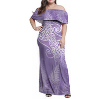 Aotearoa Maori Koru Curves Family Matching Off Shoulder Maxi Dress and Hawaiian Shirt Silver Ferns - Amethyst LT7 Mom's Dress Purple - Polynesian Pride