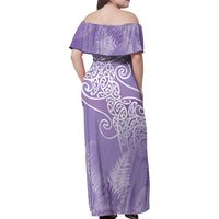 Aotearoa Maori Koru Curves Family Matching Off Shoulder Maxi Dress and Hawaiian Shirt Silver Ferns - Amethyst LT7 - Polynesian Pride