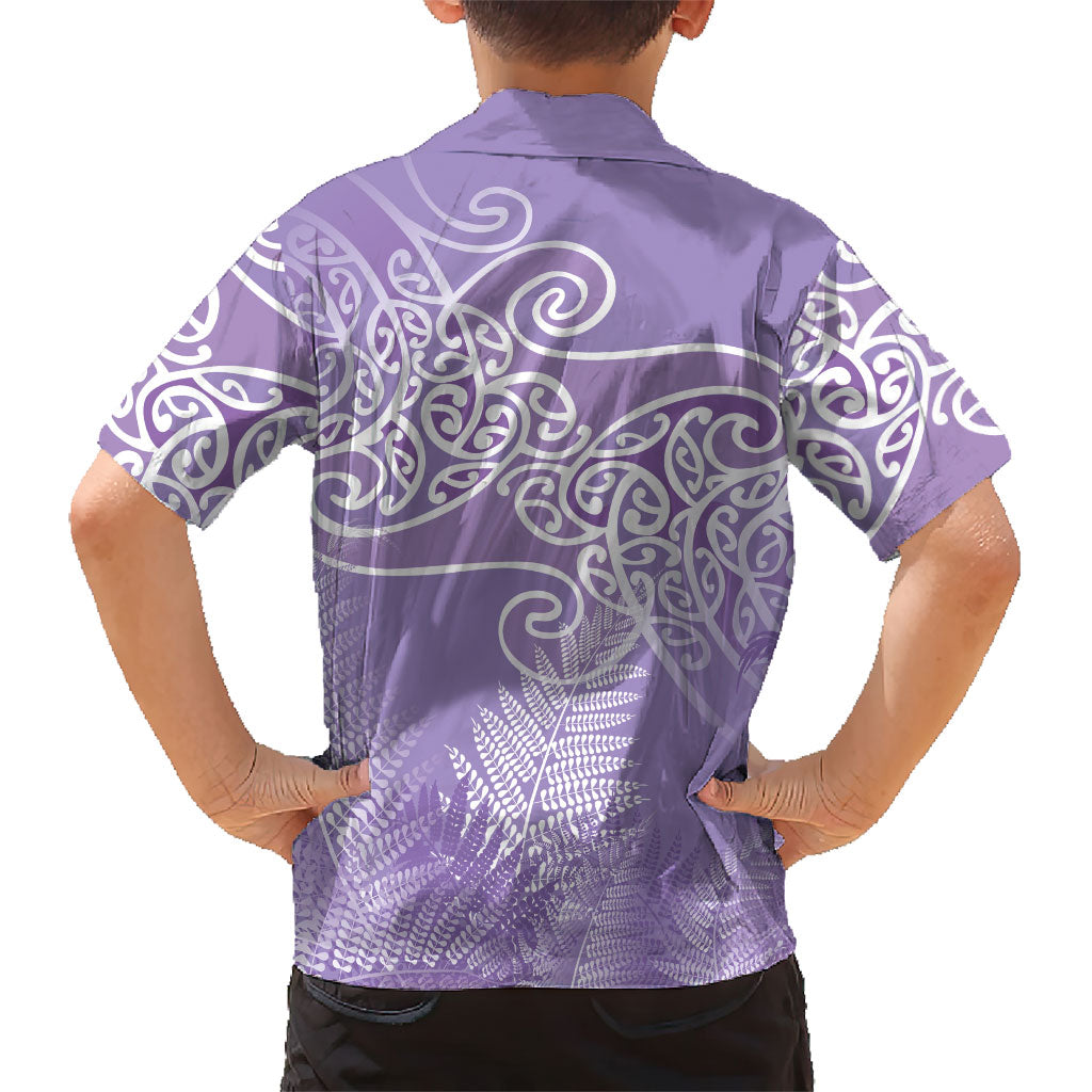 Aotearoa Maori Koru Curves Family Matching Off Shoulder Short Dress and Hawaiian Shirt Silver Ferns - Amethyst LT7 - Polynesian Pride
