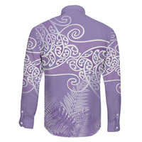 Aotearoa Maori Koru Curves Family Matching Off Shoulder Short Dress and Hawaiian Shirt Silver Ferns - Amethyst LT7 - Polynesian Pride