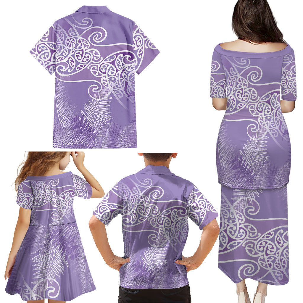Aotearoa Maori Koru Curves Family Matching Puletasi and Hawaiian Shirt Silver Ferns - Amethyst