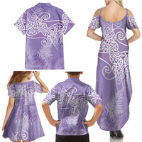 Aotearoa Maori Koru Curves Family Matching Summer Maxi Dress and Hawaiian Shirt Silver Ferns - Amethyst LT7 - Polynesian Pride