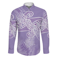 Aotearoa Maori Koru Curves Family Matching Summer Maxi Dress and Hawaiian Shirt Silver Ferns - Amethyst LT7 Dad's Shirt - Long Sleeve Purple - Polynesian Pride