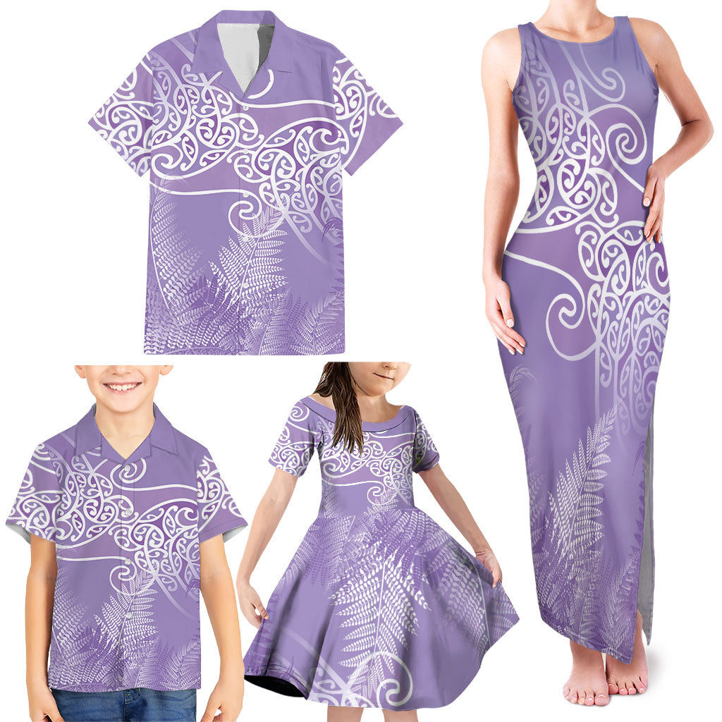 Aotearoa Maori Koru Curves Family Matching Tank Maxi Dress and Hawaiian Shirt Silver Ferns - Amethyst LT7 - Polynesian Pride