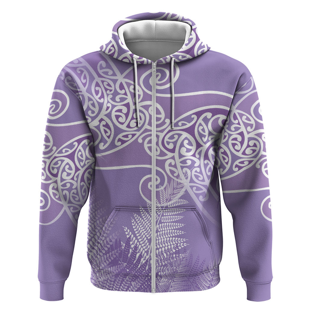 Aotearoa Maori Koru Curves Hoodie Silver Ferns - Amethyst