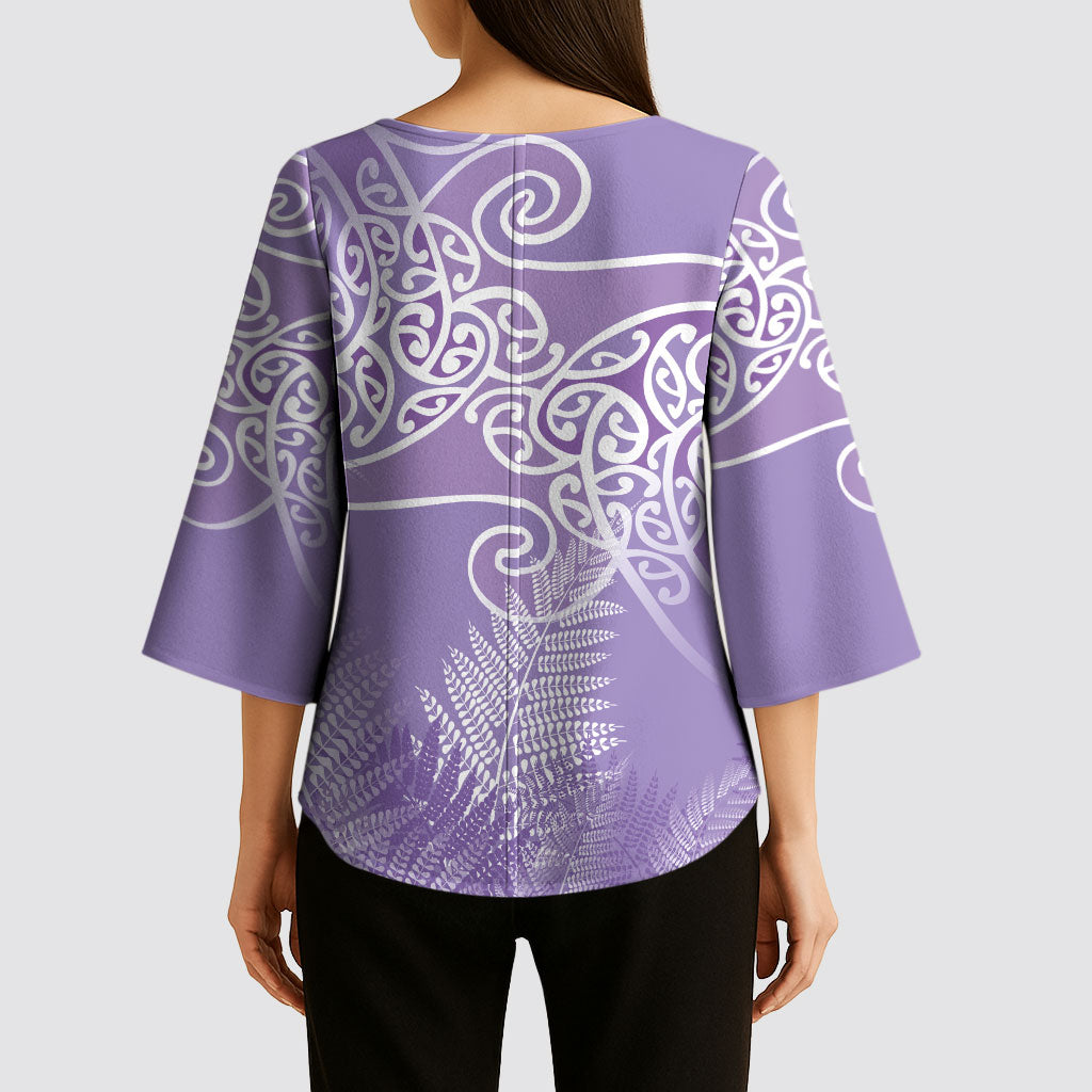 Aotearoa Maori Koru Curves Kimono Sleeve Blouse Silver Ferns - Amethyst