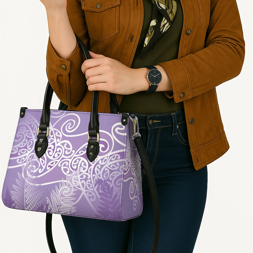 Aotearoa Maori Koru Curves Leather Bag Silver Ferns - Amethyst