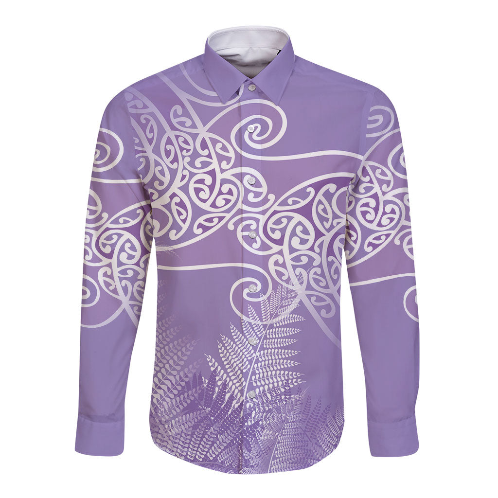 Aotearoa Maori Koru Curves Long Sleeve Button Shirt Silver Ferns - Amethyst