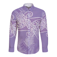 Aotearoa Maori Koru Curves Long Sleeve Button Shirt Silver Ferns - Amethyst