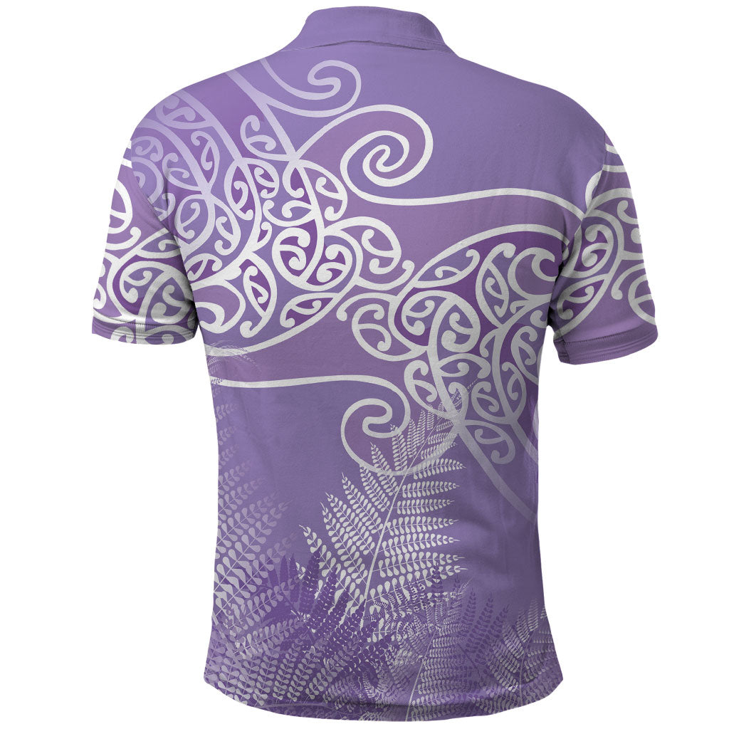 Aotearoa Maori Koru Curves Polo Shirt Silver Ferns - Amethyst