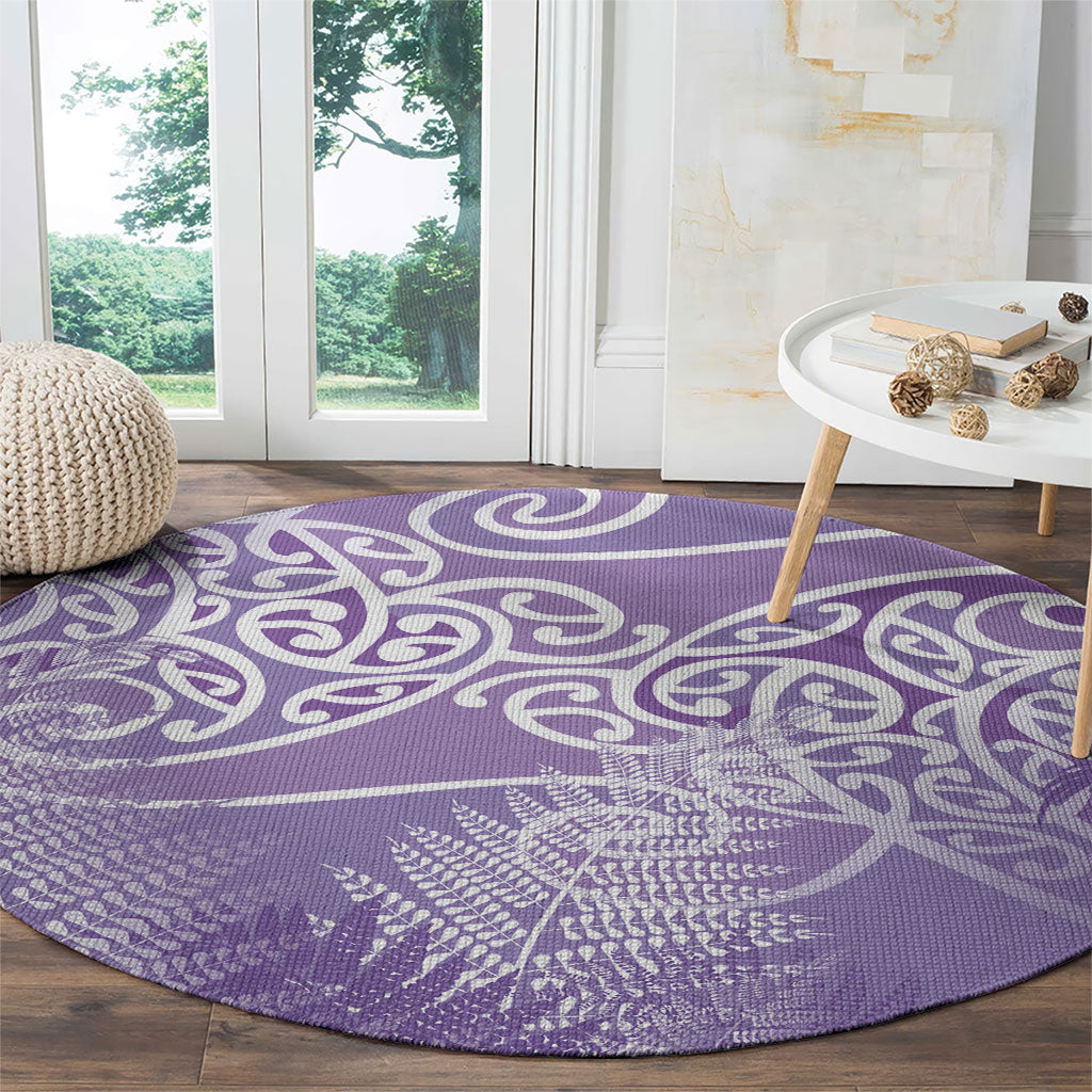 Aotearoa Maori Koru Curves Round Carpet Silver Ferns - Amethyst