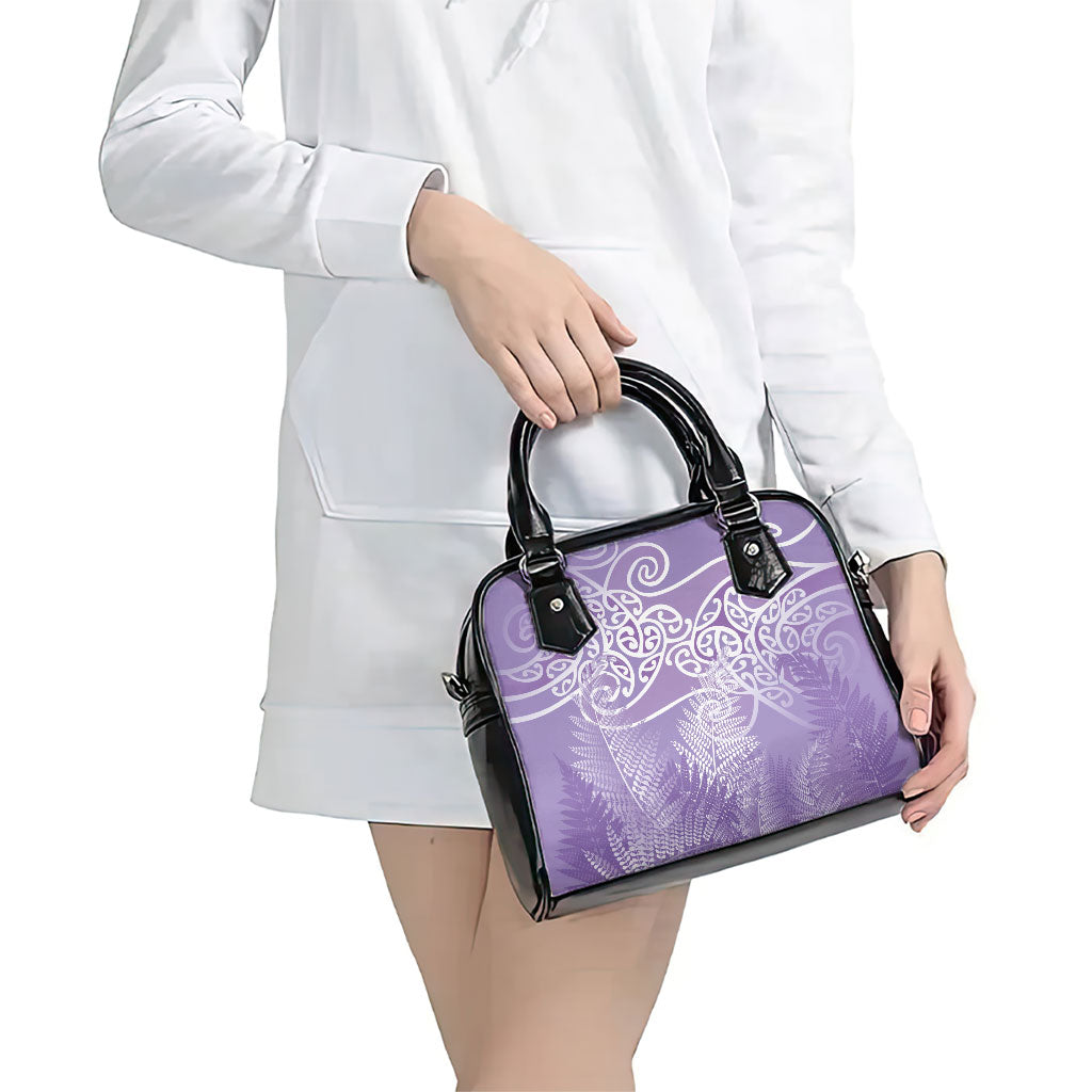 Aotearoa Maori Koru Curves Shoulder Handbag Silver Ferns - Amethyst