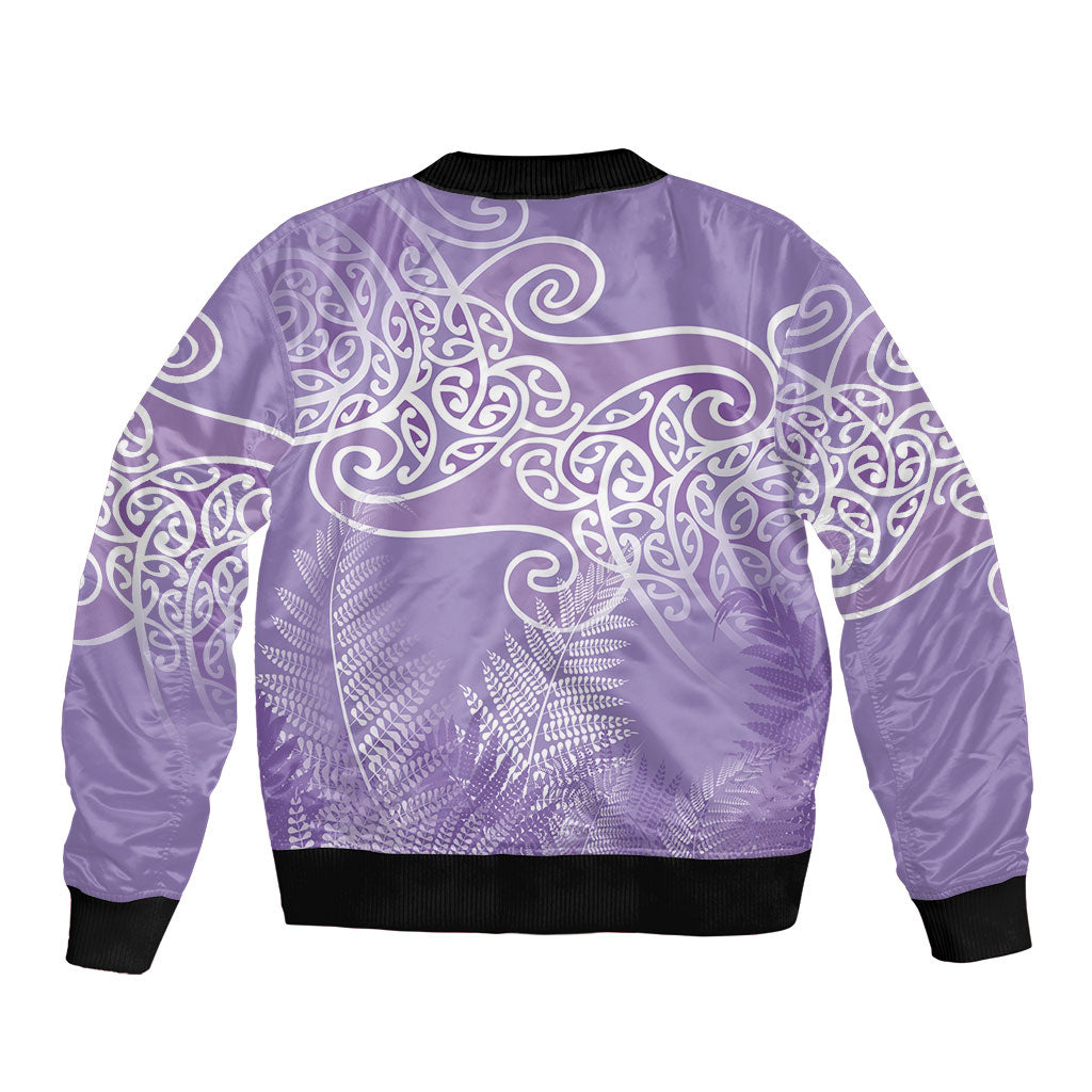 Aotearoa Maori Koru Curves Sleeve Zip Bomber Jacket Silver Ferns - Amethyst