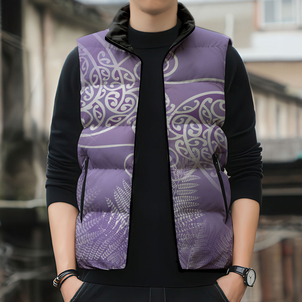 Aotearoa Maori Koru Curves Sleeveless Puffer Jacket Silver Ferns - Amethyst