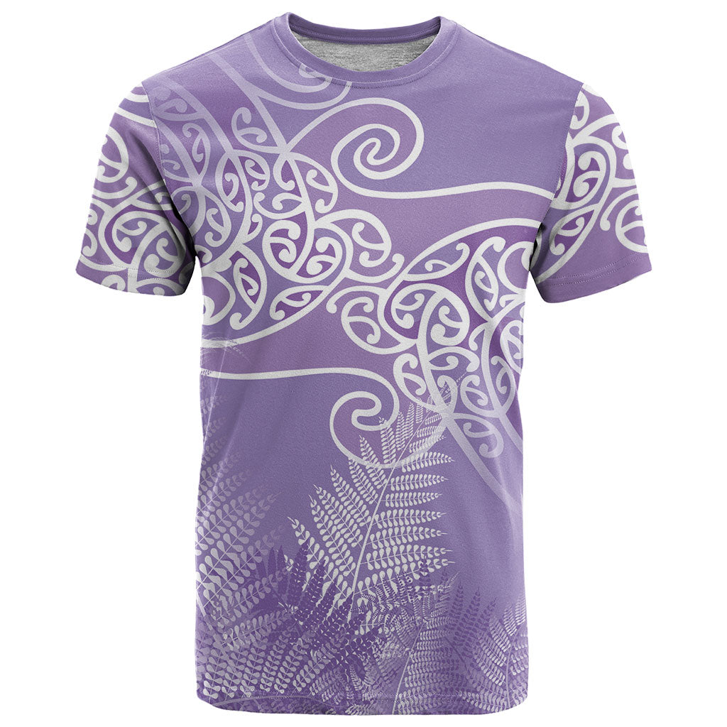 Aotearoa Maori Koru Curves T Shirt Silver Ferns - Amethyst