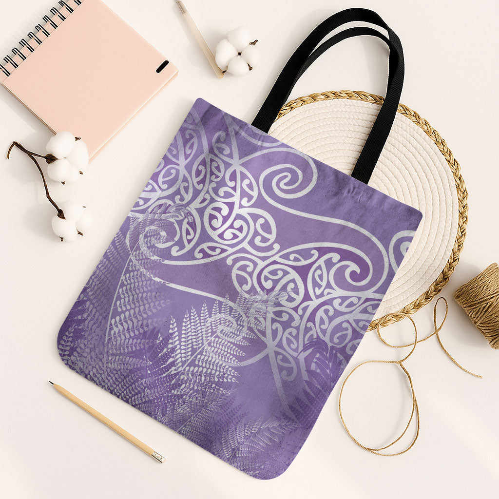 Aotearoa Maori Koru Curves Tote Bag Silver Ferns - Amethyst