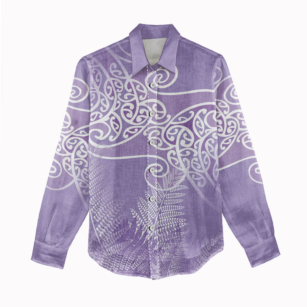 Aotearoa Maori Koru Curves Women Casual Shirt Silver Ferns - Amethyst