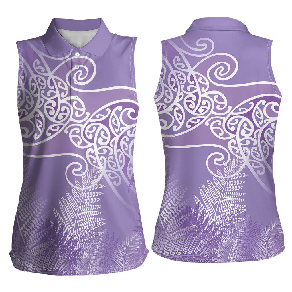 Aotearoa Maori Koru Curves Women Sleeveless Polo Shirt Silver Ferns - Amethyst