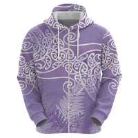Aotearoa Maori Koru Curves Zip Hoodie Silver Ferns - Amethyst
