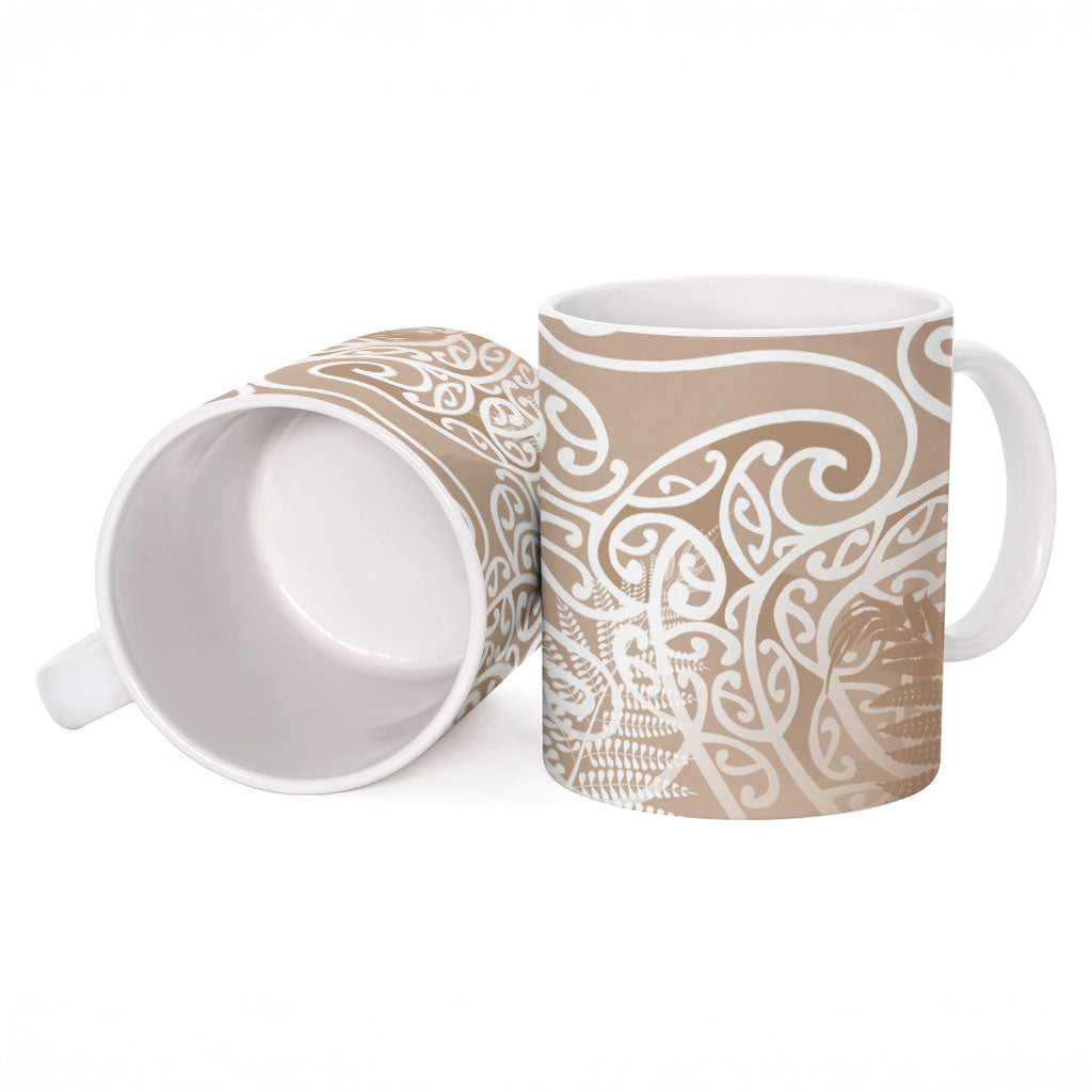 Aotearoa Maori Koru Curves Ceramic Mug Silver Ferns - Mocha