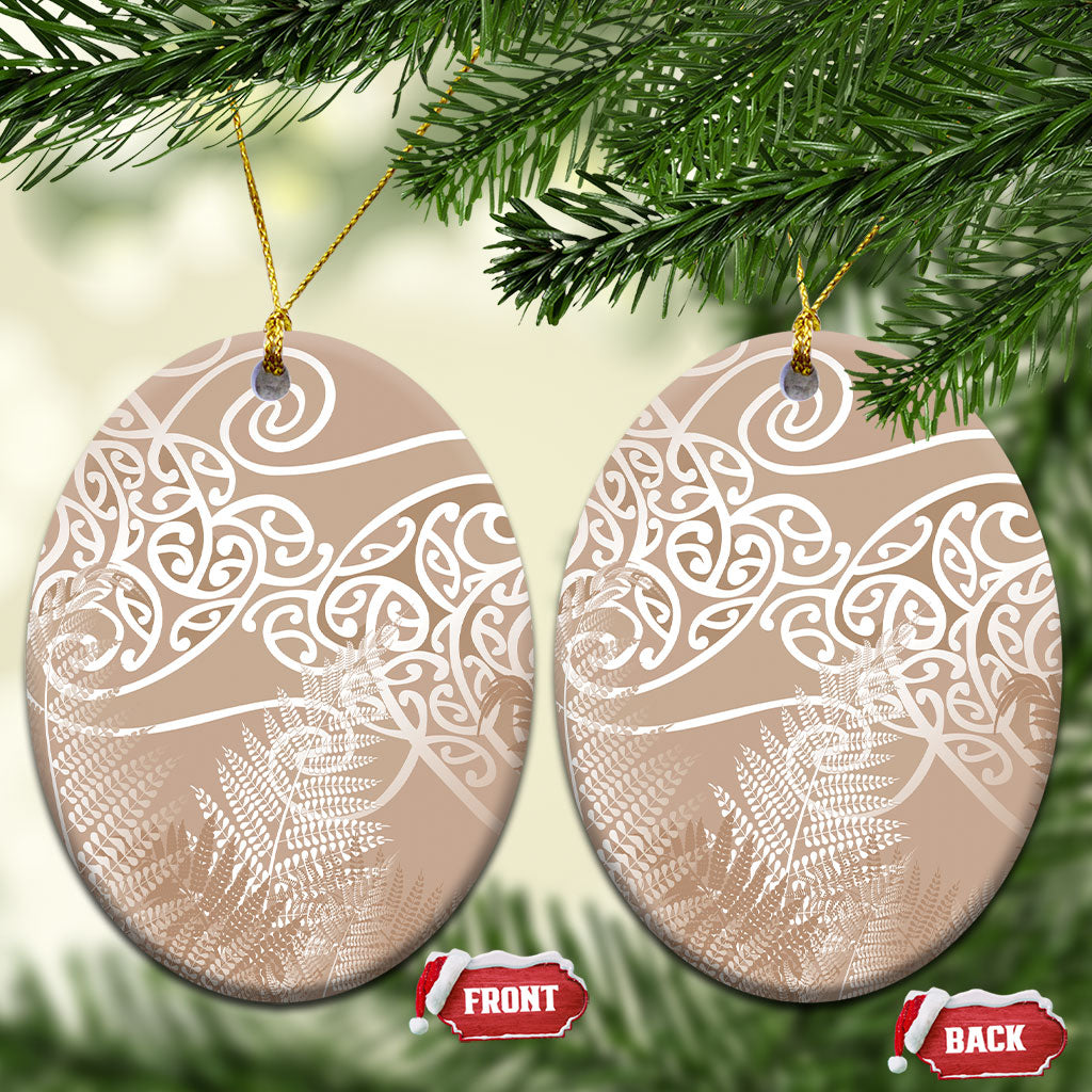 Aotearoa Maori Koru Curves Ceramic Ornament Silver Ferns - Mocha