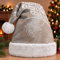 Aotearoa Maori Koru Curves Christmas Santa Hat Silver Ferns - Mocha LT7 With Fur Beige - Polynesian Pride