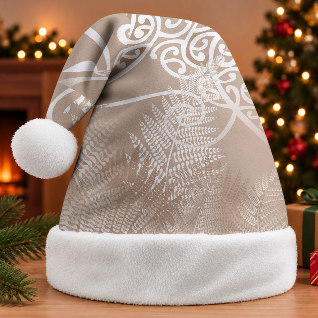 Aotearoa Maori Koru Curves Christmas Santa Hat Silver Ferns - Mocha LT7 Without Fur Beige - Polynesian Pride