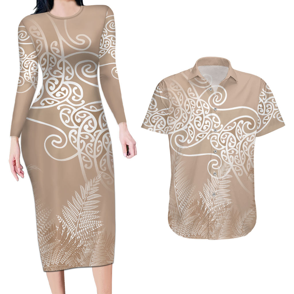 Aotearoa Maori Koru Curves Couples Matching Long Sleeve Bodycon Dress and Hawaiian Shirt Silver Ferns - Mocha