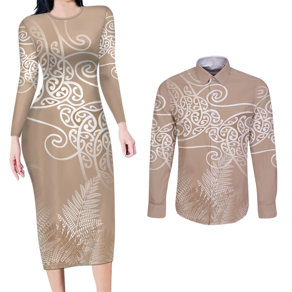 Aotearoa Maori Koru Curves Couples Matching Long Sleeve Bodycon Dress and Long Sleeve Button Shirt Silver Ferns - Mocha LT7 Beige - Polynesian Pride