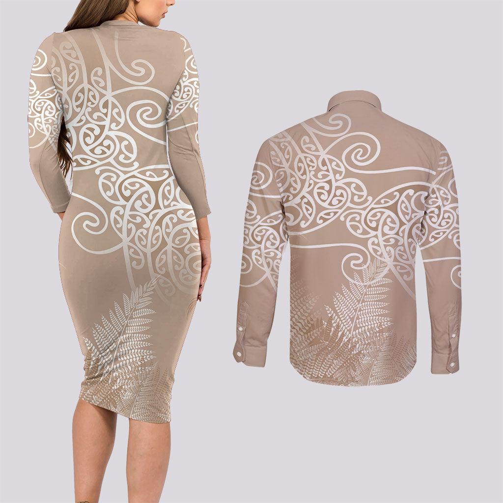 Aotearoa Maori Koru Curves Couples Matching Long Sleeve Bodycon Dress and Long Sleeve Button Shirt Silver Ferns - Mocha LT7 - Polynesian Pride