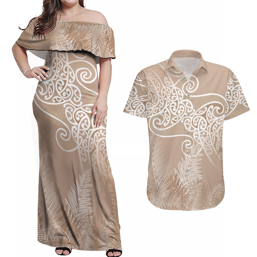 Aotearoa Maori Koru Curves Couples Matching Off Shoulder Maxi Dress and Hawaiian Shirt Silver Ferns - Mocha