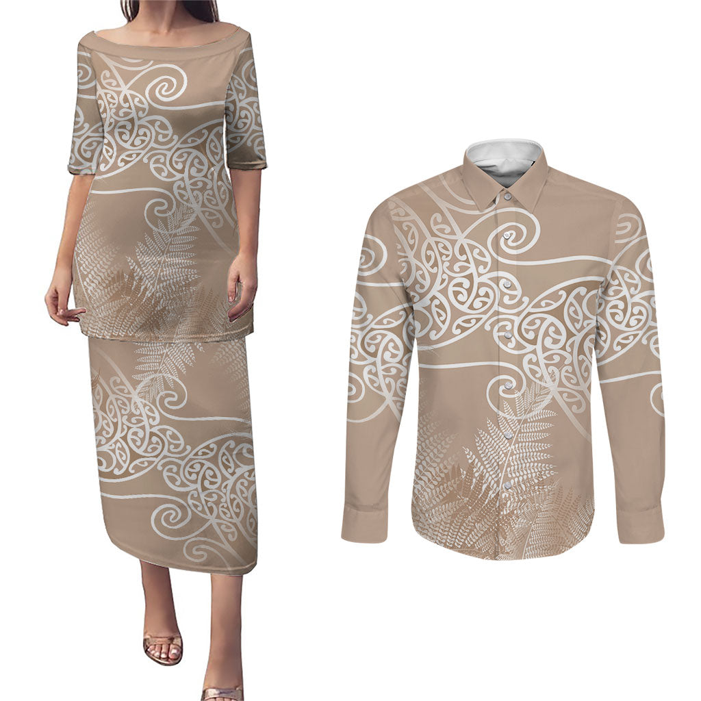Aotearoa Maori Koru Curves Couples Matching Puletasi and Long Sleeve Button Shirt Silver Ferns - Mocha
