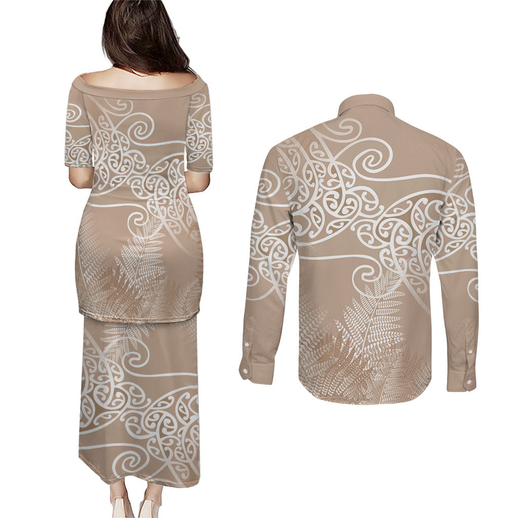 Aotearoa Maori Koru Curves Couples Matching Puletasi and Long Sleeve Button Shirt Silver Ferns - Mocha