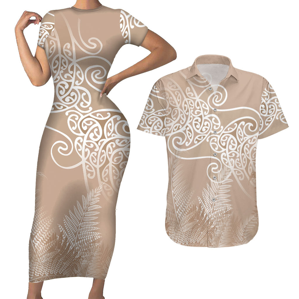 Aotearoa Maori Koru Curves Couples Matching Short Sleeve Bodycon Dress and Hawaiian Shirt Silver Ferns - Mocha