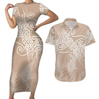 Aotearoa Maori Koru Curves Couples Matching Short Sleeve Bodycon Dress and Hawaiian Shirt Silver Ferns - Mocha