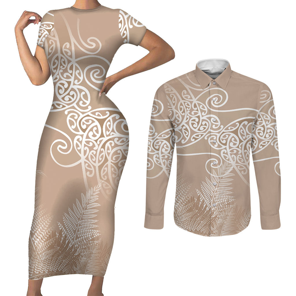 Aotearoa Maori Koru Curves Couples Matching Short Sleeve Bodycon Dress and Long Sleeve Button Shirt Silver Ferns - Mocha LT7 Beige - Polynesian Pride