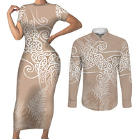 Aotearoa Maori Koru Curves Couples Matching Short Sleeve Bodycon Dress and Long Sleeve Button Shirt Silver Ferns - Mocha LT7 Beige - Polynesian Pride
