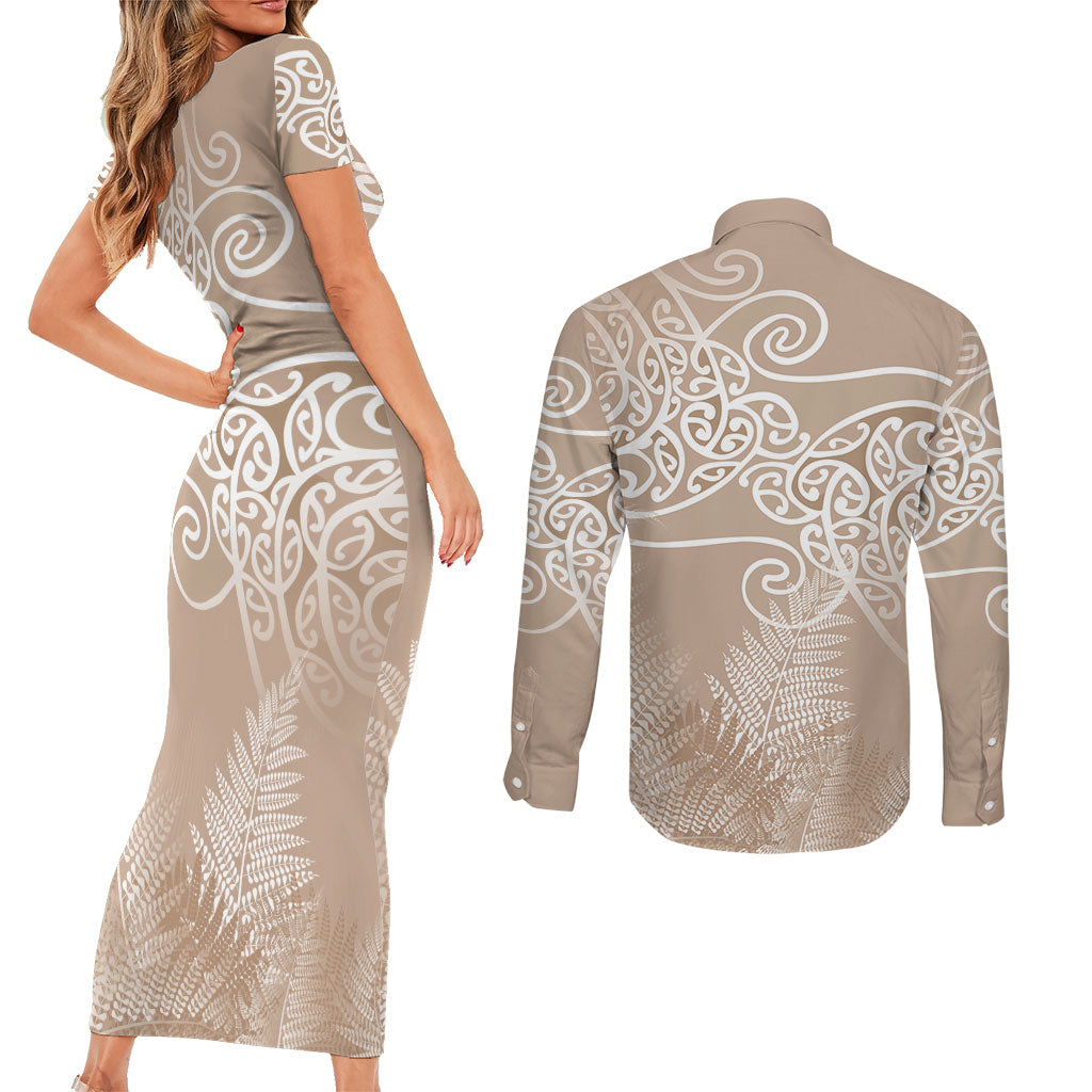 Aotearoa Maori Koru Curves Couples Matching Short Sleeve Bodycon Dress and Long Sleeve Button Shirt Silver Ferns - Mocha LT7 - Polynesian Pride