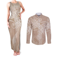 Aotearoa Maori Koru Curves Couples Matching Tank Maxi Dress and Long Sleeve Button Shirt Silver Ferns - Mocha