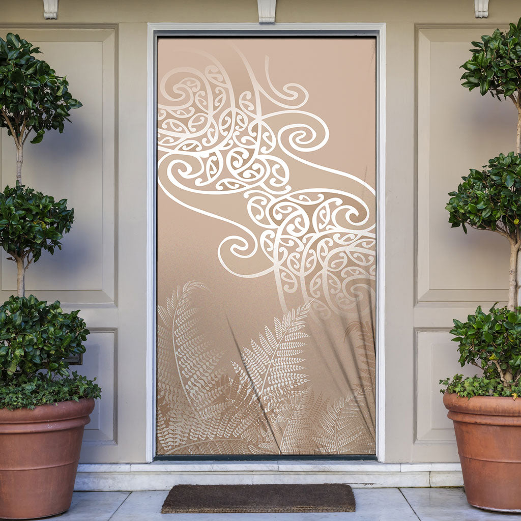 Aotearoa Maori Koru Curves Door Cover Silver Ferns - Mocha