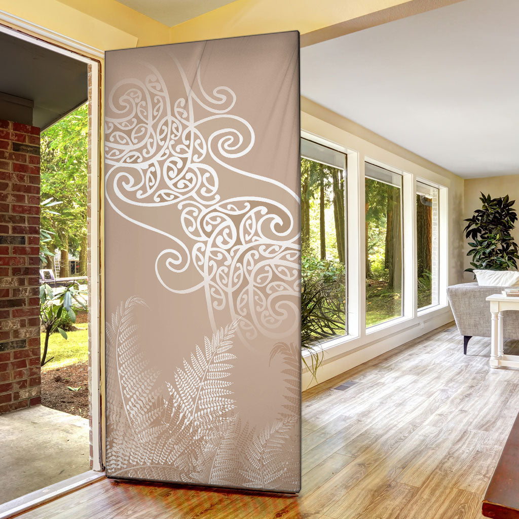 Aotearoa Maori Koru Curves Door Cover Silver Ferns - Mocha