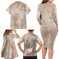 Aotearoa Maori Koru Curves Family Matching Long Sleeve Bodycon Dress and Hawaiian Shirt Silver Ferns - Mocha LT7 - Polynesian Pride
