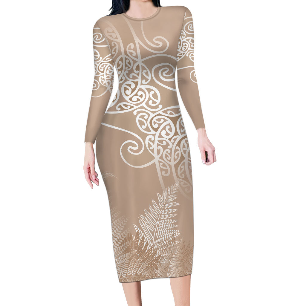 Aotearoa Maori Koru Curves Family Matching Long Sleeve Bodycon Dress and Hawaiian Shirt Silver Ferns - Mocha LT7 Mom's Dress Beige - Polynesian Pride