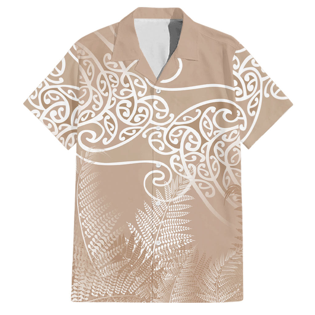 Aotearoa Maori Koru Curves Family Matching Off The Shoulder Long Sleeve Dress and Hawaiian Shirt Silver Ferns - Mocha LT7 Dad's Shirt - Short Sleeve Beige - Polynesian Pride