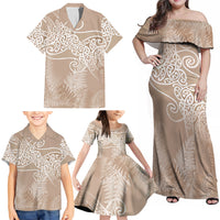 Aotearoa Maori Koru Curves Family Matching Off Shoulder Maxi Dress and Hawaiian Shirt Silver Ferns - Mocha LT7 - Polynesian Pride